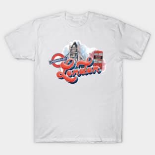 London Design with Landmarks | Artist Designed Illustration Featuring London Landmarks | Retro London Design with Tower Bridge, London Bus and Underground Sign T-Shirt